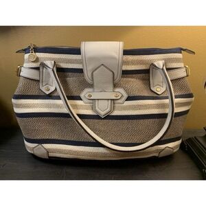 Eric Javits Woven Double Handle Leather Tote Handbag Beige/Brown/Bag Large